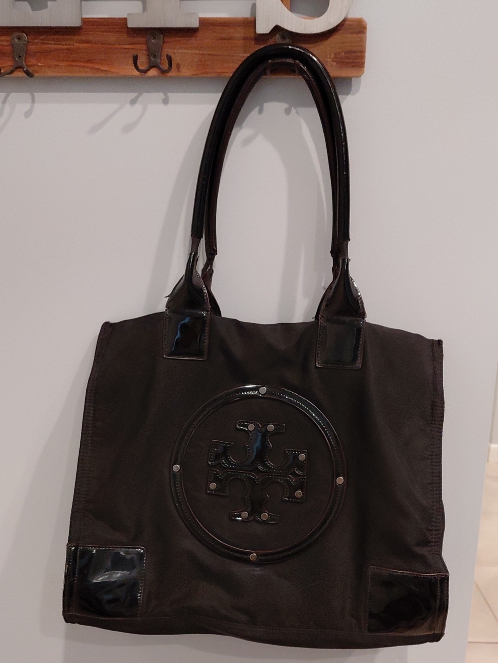 Tory Burch Large Nylon Black Tote Bag  with Patent Leather Trim